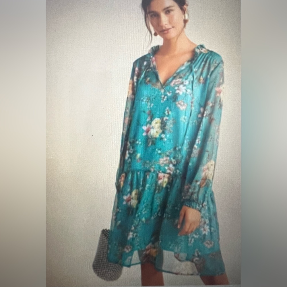 Maeve by Anthropologie long sleeve teal tunic floral sheer dress